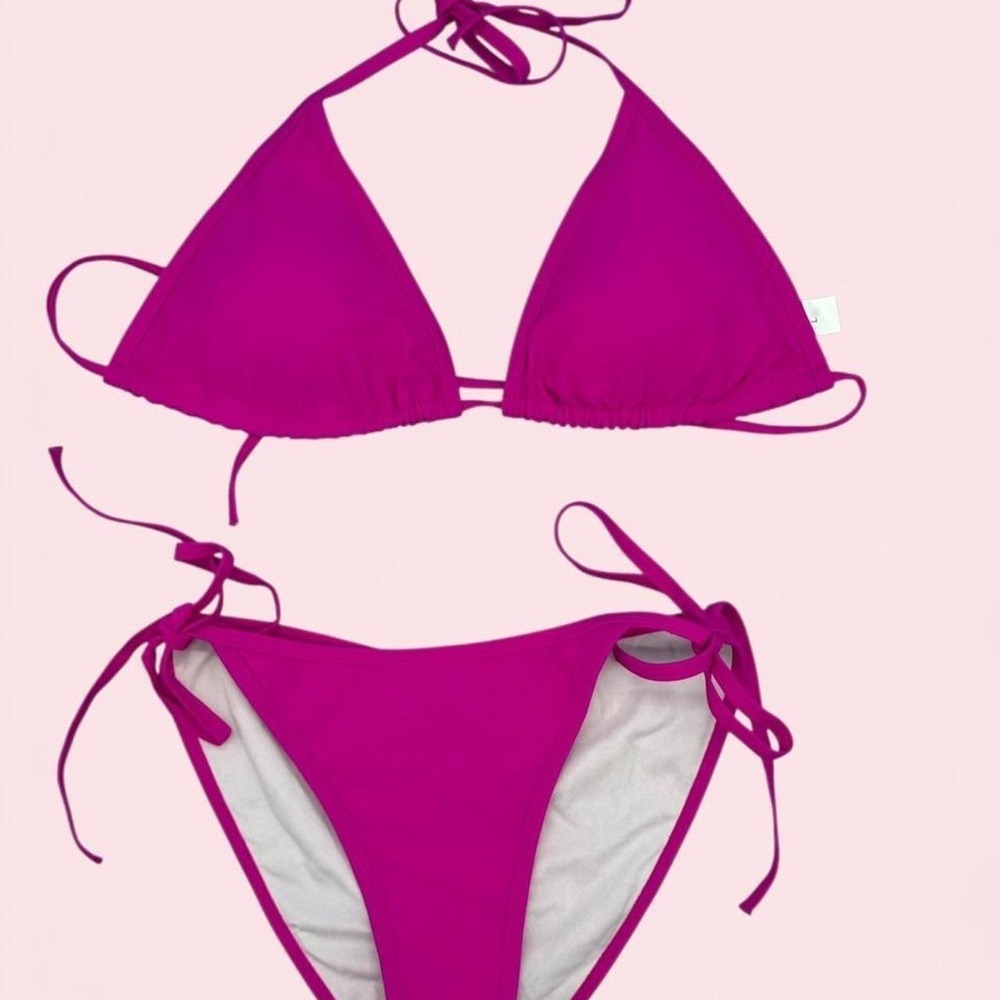 Women Magenta Pink Triangle Bikini Set Side Tie Two Piece Swimsuit Lined